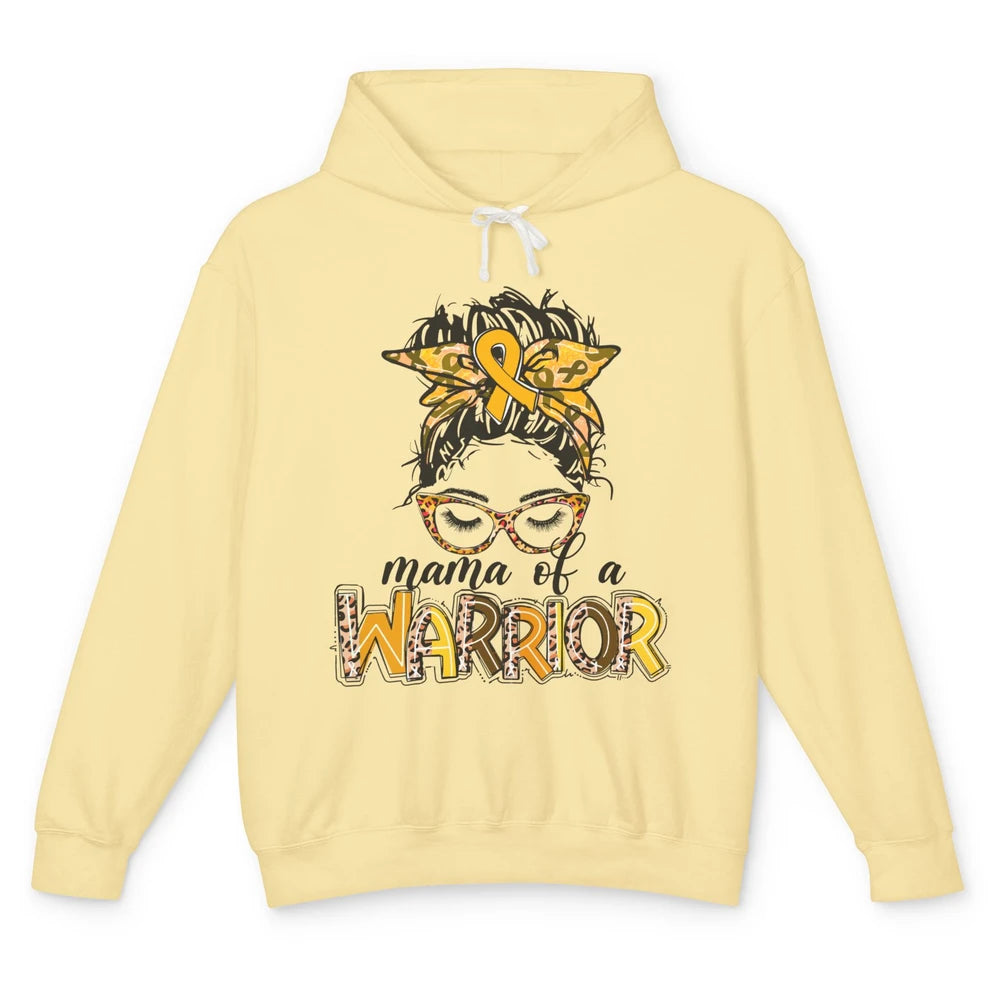 Mama Warrior Childhood Cancer Messy Hair Leopard Gold Ribbon Unisex Lightweight Hoodie