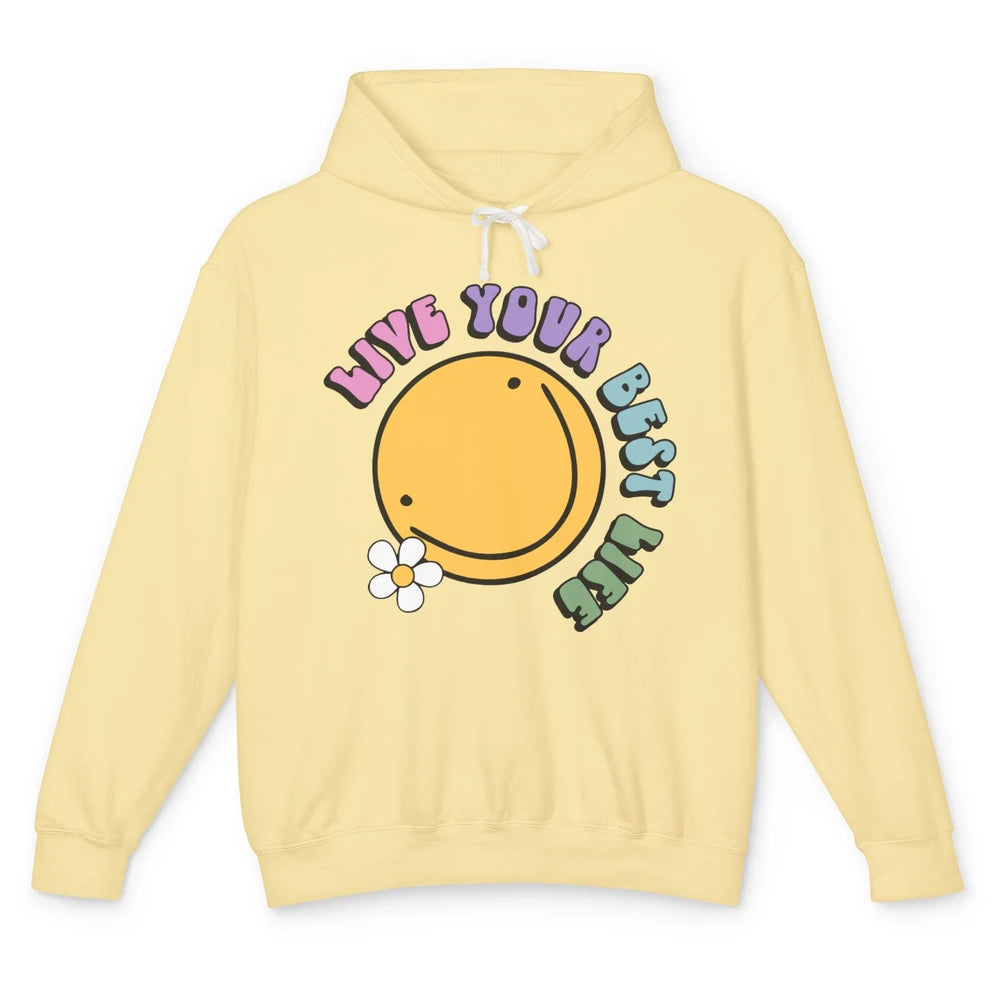 Retro Groovy Smile Face Live Your Best Life Motivational Unisex Lightweight Hoodie