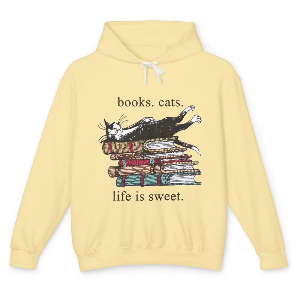 Books Cats Life Is Sweet Cat Book Lovers Reading Book Unisex Lightweight Hoodie