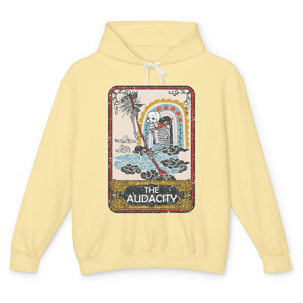 Retro Skeleton Riding Clouds Rainbow The Audacity Tarot Card Unisex Lightweight Hoodie