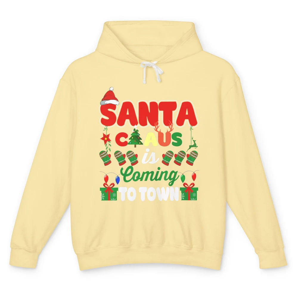 Merry Christmas Santa Claus Coming To Town Retro Xmas Lights Unisex Lightweight Hoodie