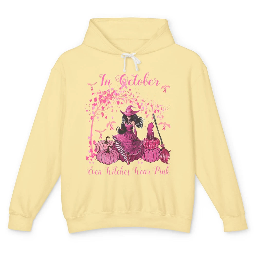 Breast Cancer In October Even Witches Wear Pink Ribbon Fall Unisex Lightweight Hoodie