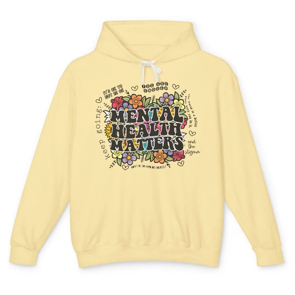 Mental Health Matters Floral Minimalist Graphic Therapist Unisex Lightweight Hoodie