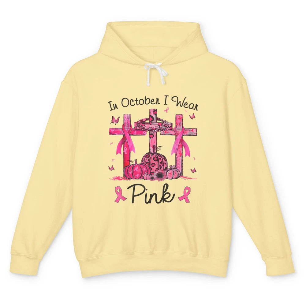 Cross Pumpkin Christian Pink Ribbon Breast Cancer Awareness Unisex Lightweight Hoodie