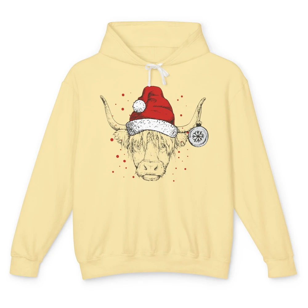 Cute Highland Cow Christmas With Santa Hat Western Xmas Cow Unisex Lightweight Hoodie