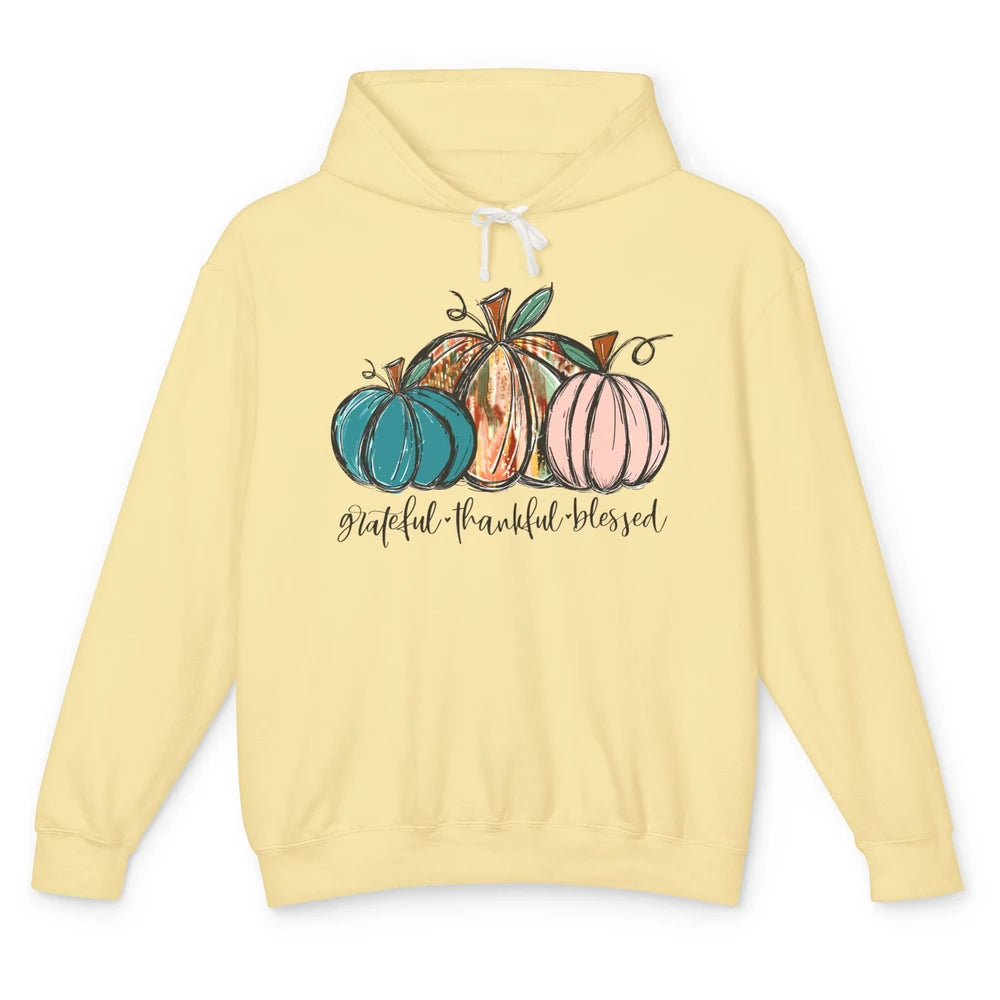 Grateful Thankful Blessed Doodle Pumpkin Fall Thanksgiving Unisex Lightweight Hoodie