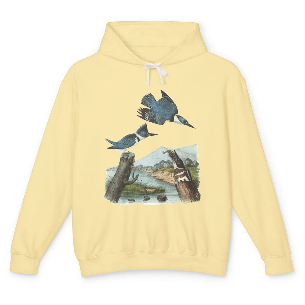 Watercolor Belted Kingfisher Bird Eat Fish Nature Birding Unisex Lightweight Hoodie