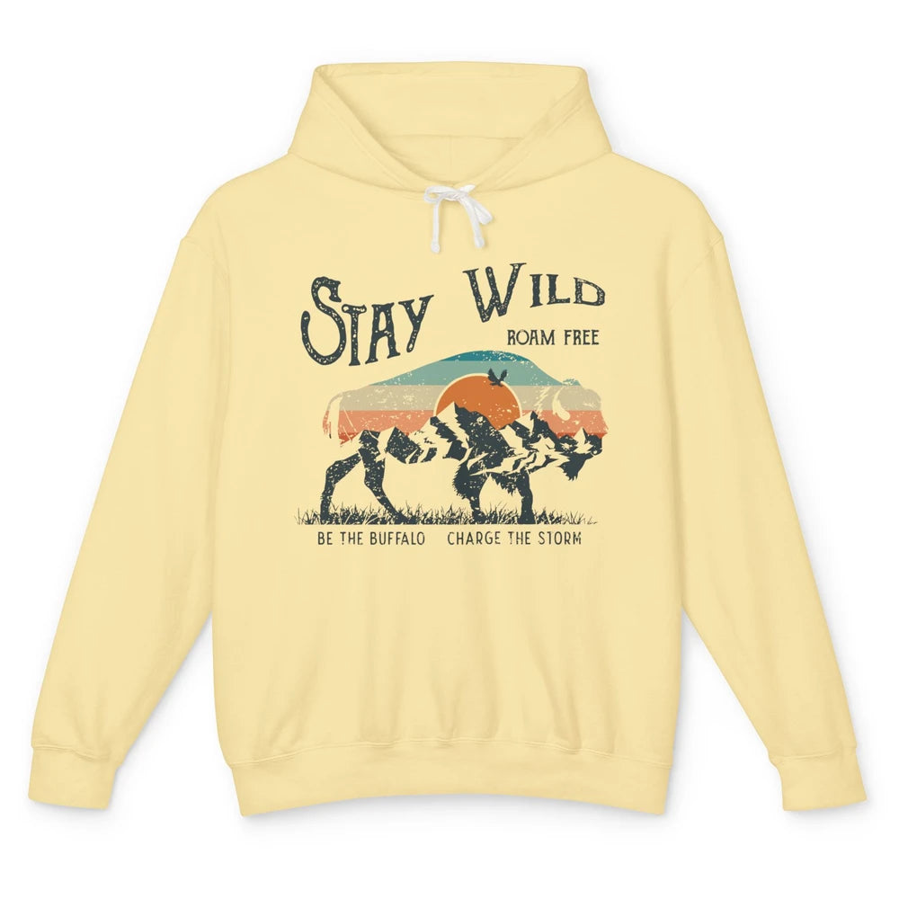 Retro Buffalo Mountain Sunset Stay Wild Roam Free Western Unisex Lightweight Hoodie