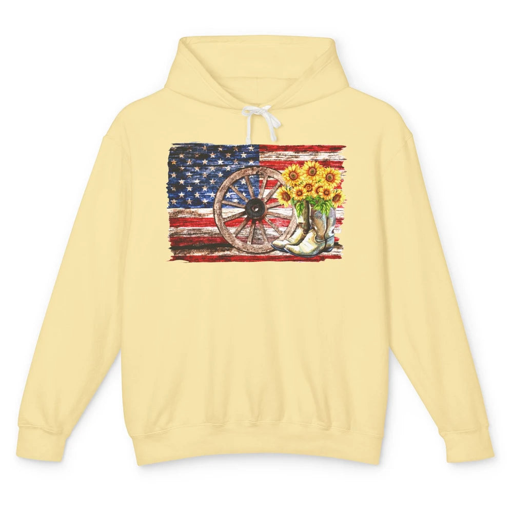 Retro US Flag Sunflower Cowgirl Boots Texas Cowboy Western Unisex Lightweight Hoodie