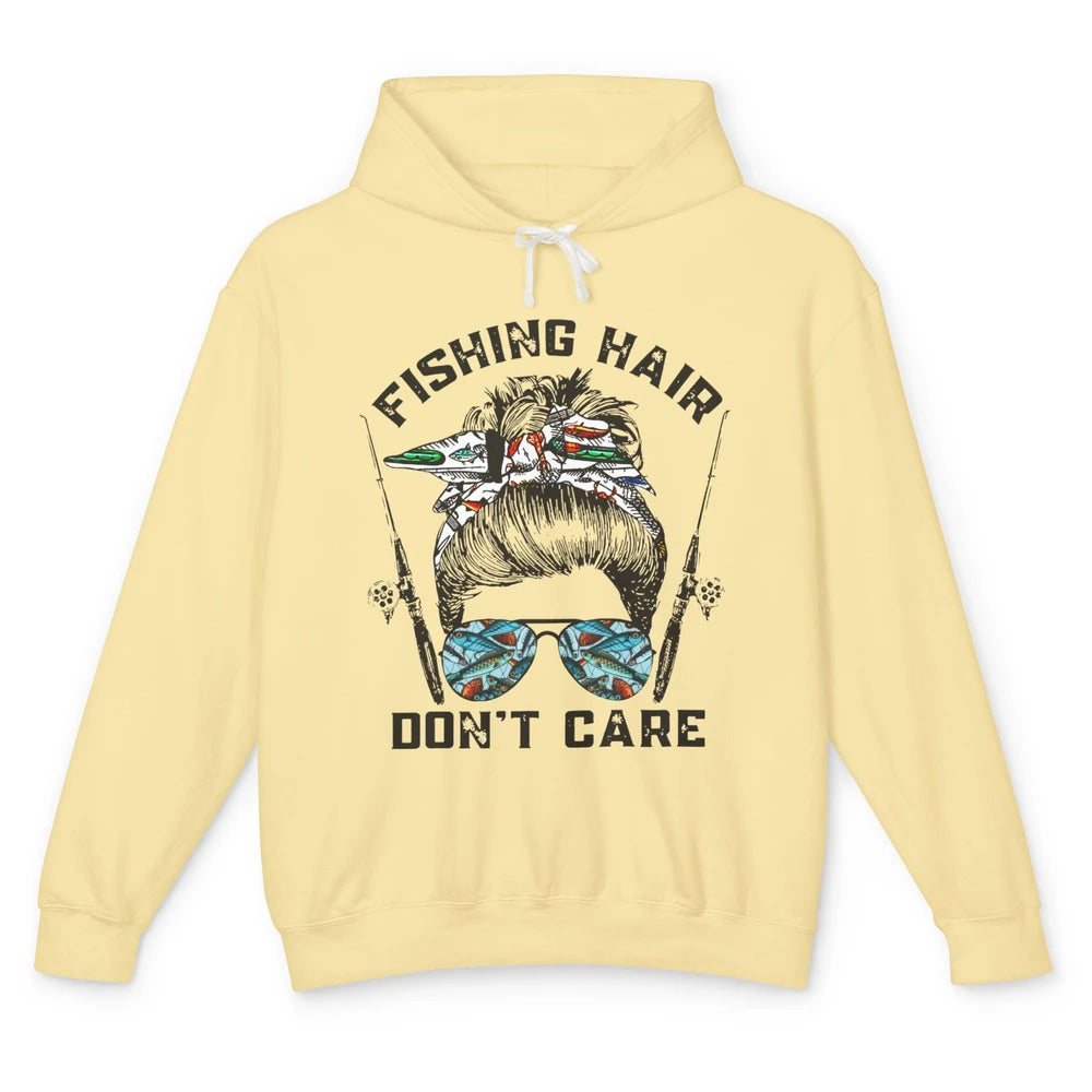 Messy Bun Fishing Hair Don't Care Reel Girls Fish Fisherman Unisex Lightweight Hoodie