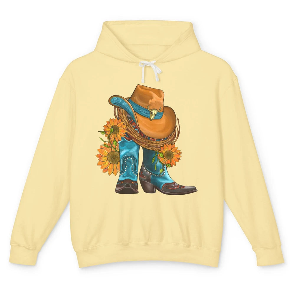 Sunflower Cowboy Boots And Hat Bull Skull Western Country Unisex Lightweight Hoodie