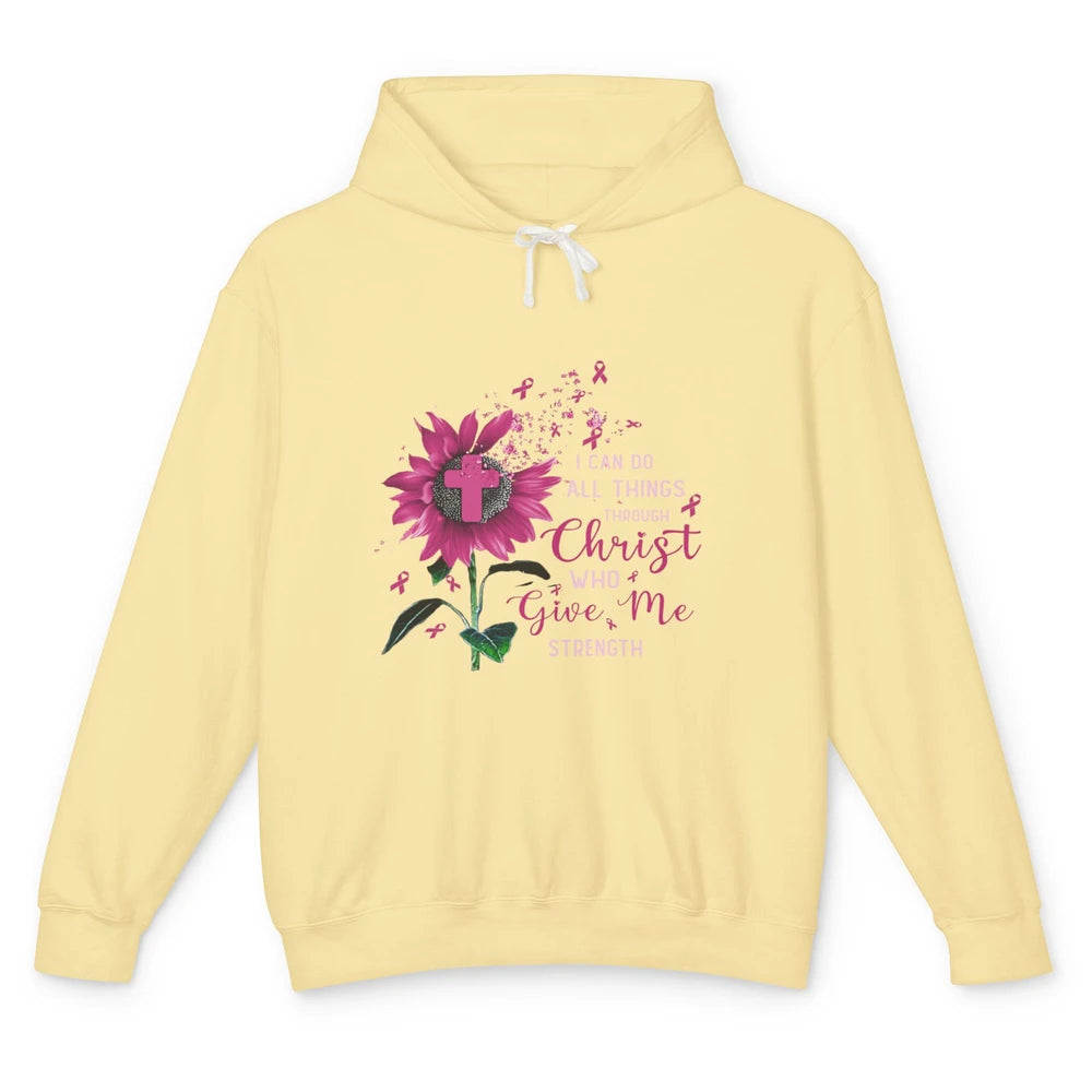 Breast Cancer Month Sunflower God Strength Cross Pink Ribbon Unisex Lightweight Hoodie