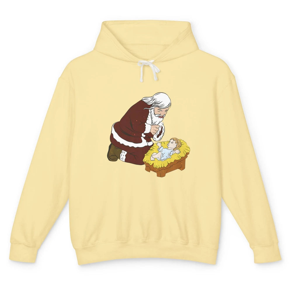 Merry Christmas Kneeling Santa Claus With Baby Jesus Xmas Unisex Lightweight Hoodie