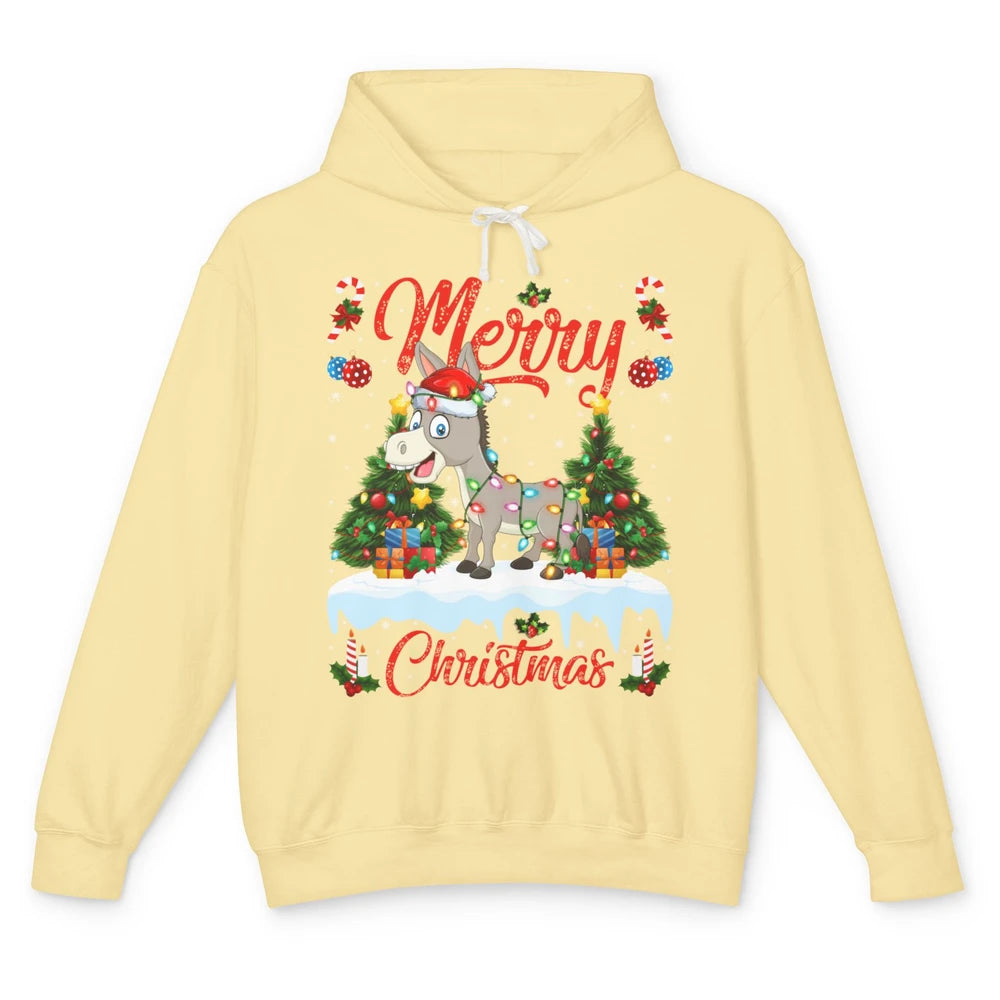 Merry Christmas Donkey Santa Claus Hat Xmas Tree Lights Snow Unisex Lightweight Hoodie