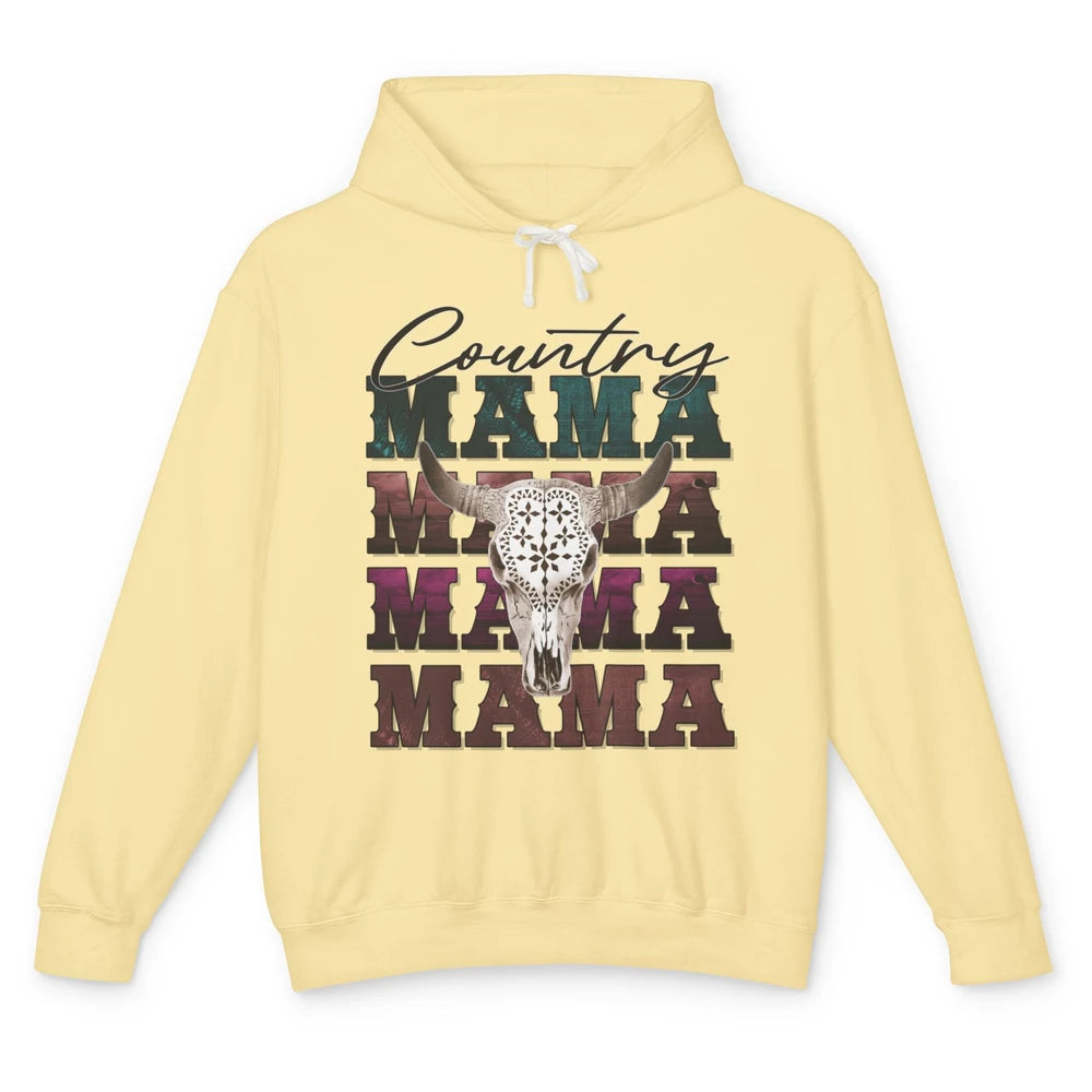 Country Mama Rodeo Bull Skull Western Texas Long Horn Cowboy Unisex Lightweight Hoodie