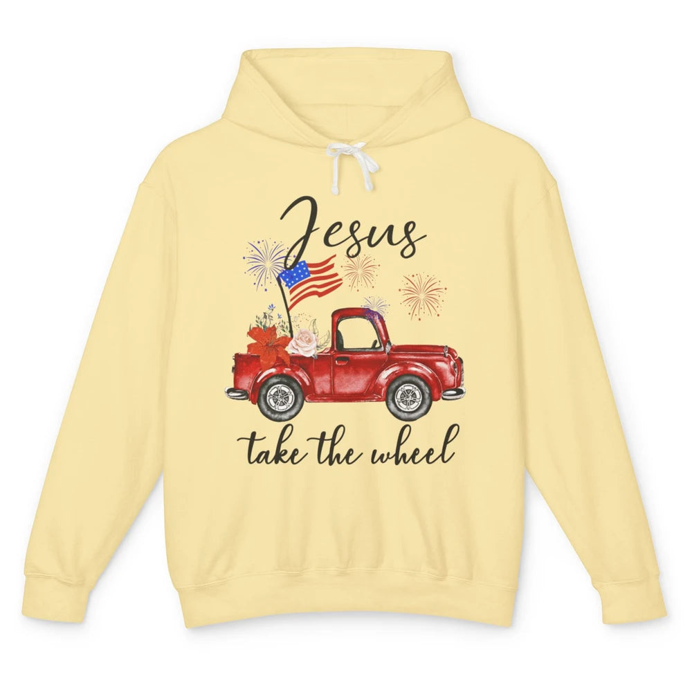 4th Of July Jesus Take The Wheel Red Truck Watercolor God Unisex Lightweight Hoodie