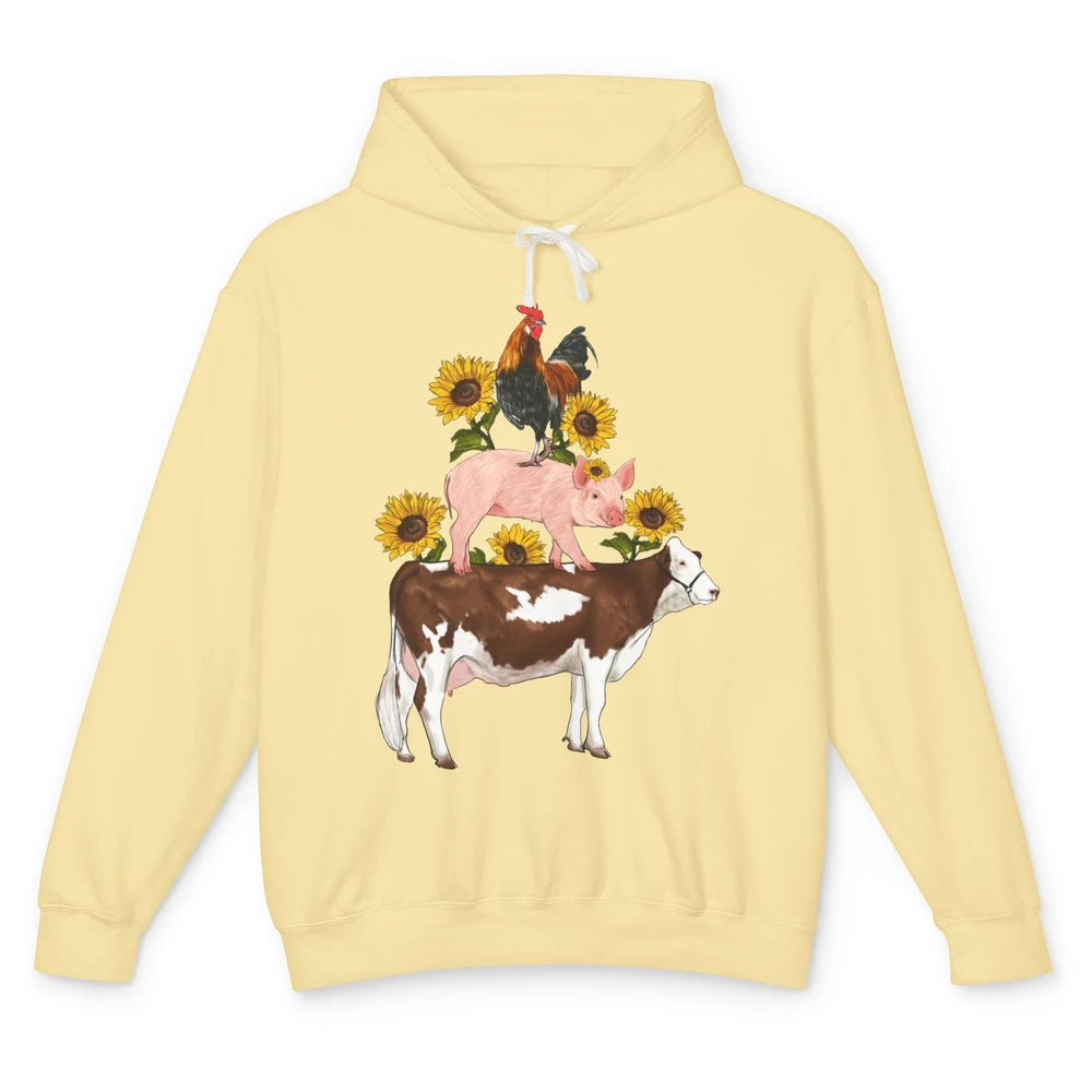 Sunflower Western Farm Life Animals Vegan Cow Pig Rooster Unisex Lightweight Hoodie