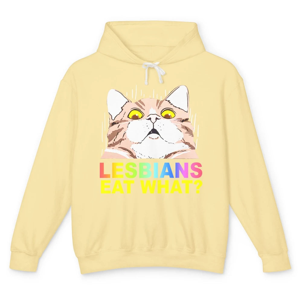 Funny Black Cat Lesbians Eat What LGBTQ Sarcastic Cat Mom Unisex Lightweight Hoodie