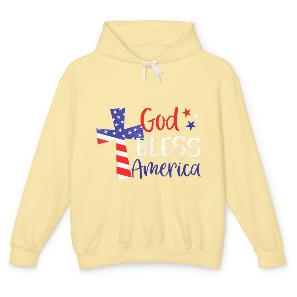 God Bless Jesus Cross 4th July American Flag Independence Unisex Lightweight Hoodie