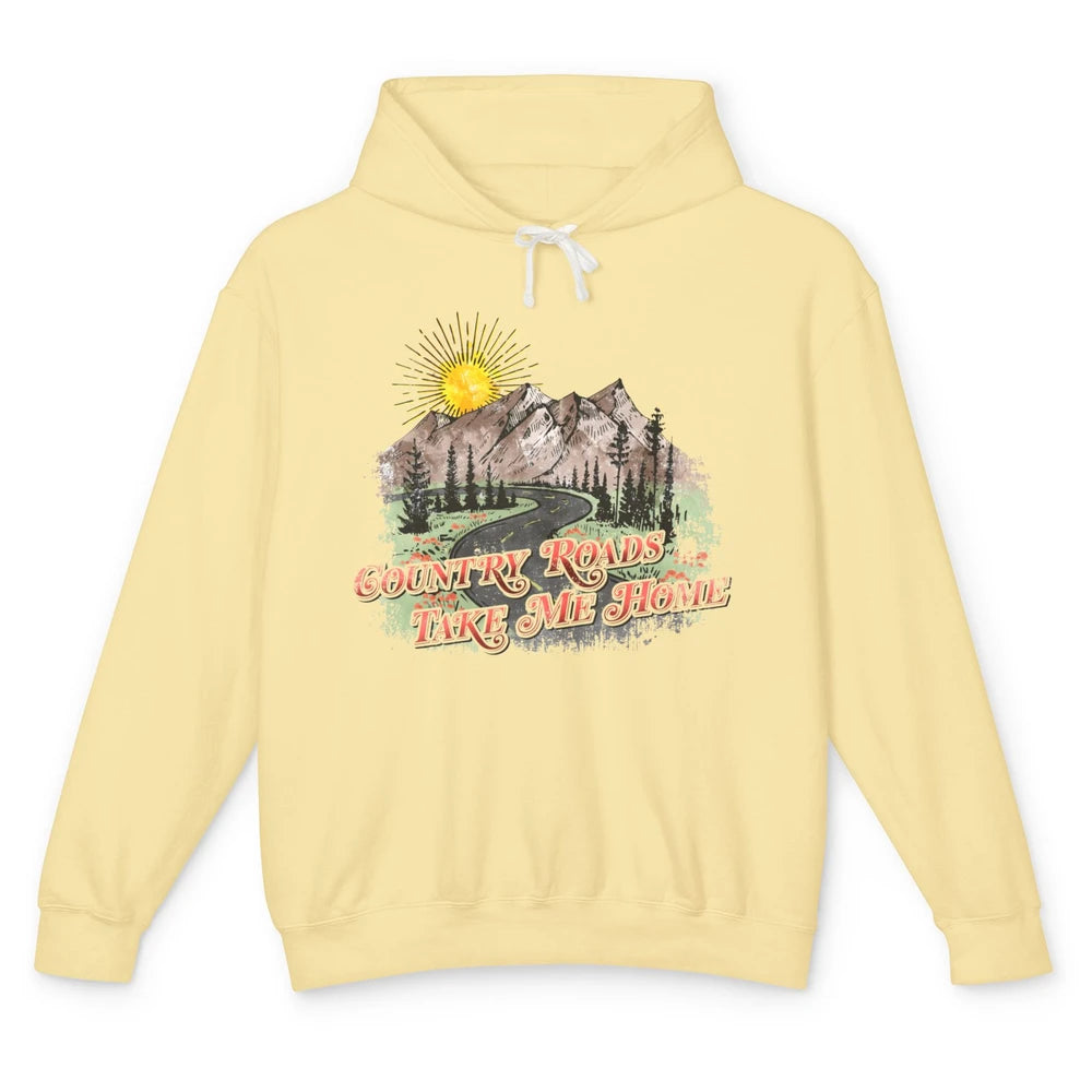 Retro Mountain Sunset Country Roads Take Me Home Western Unisex Lightweight Hoodie