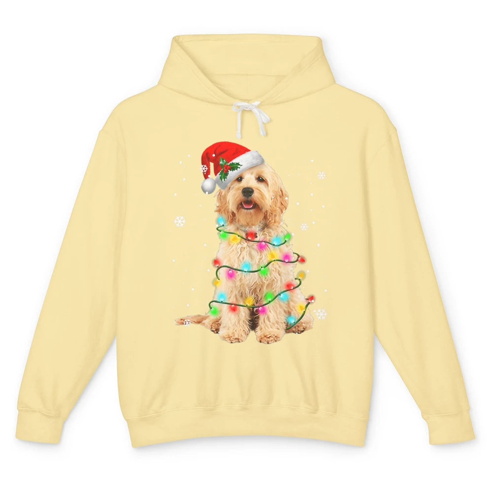 Merry Christmas Golden Doodle Dog Santa Hat Xmas Tree Lights Unisex Lightweight Hoodie