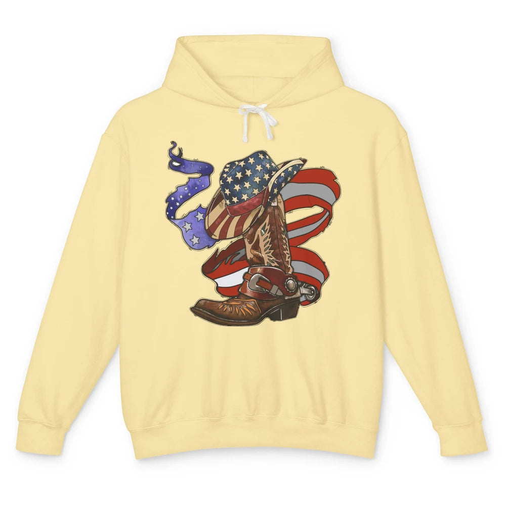 US Flag Cowboy Boots Hat Patriotic Cowboy July 4th Western Unisex Lightweight Hoodie