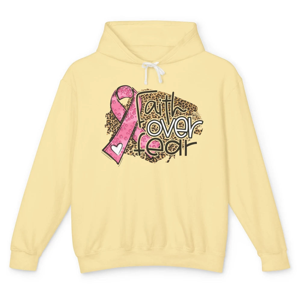 Pink Ribbon Breast Cancer Awareness Faith Over Fear Leopard Unisex Lightweight Hoodie