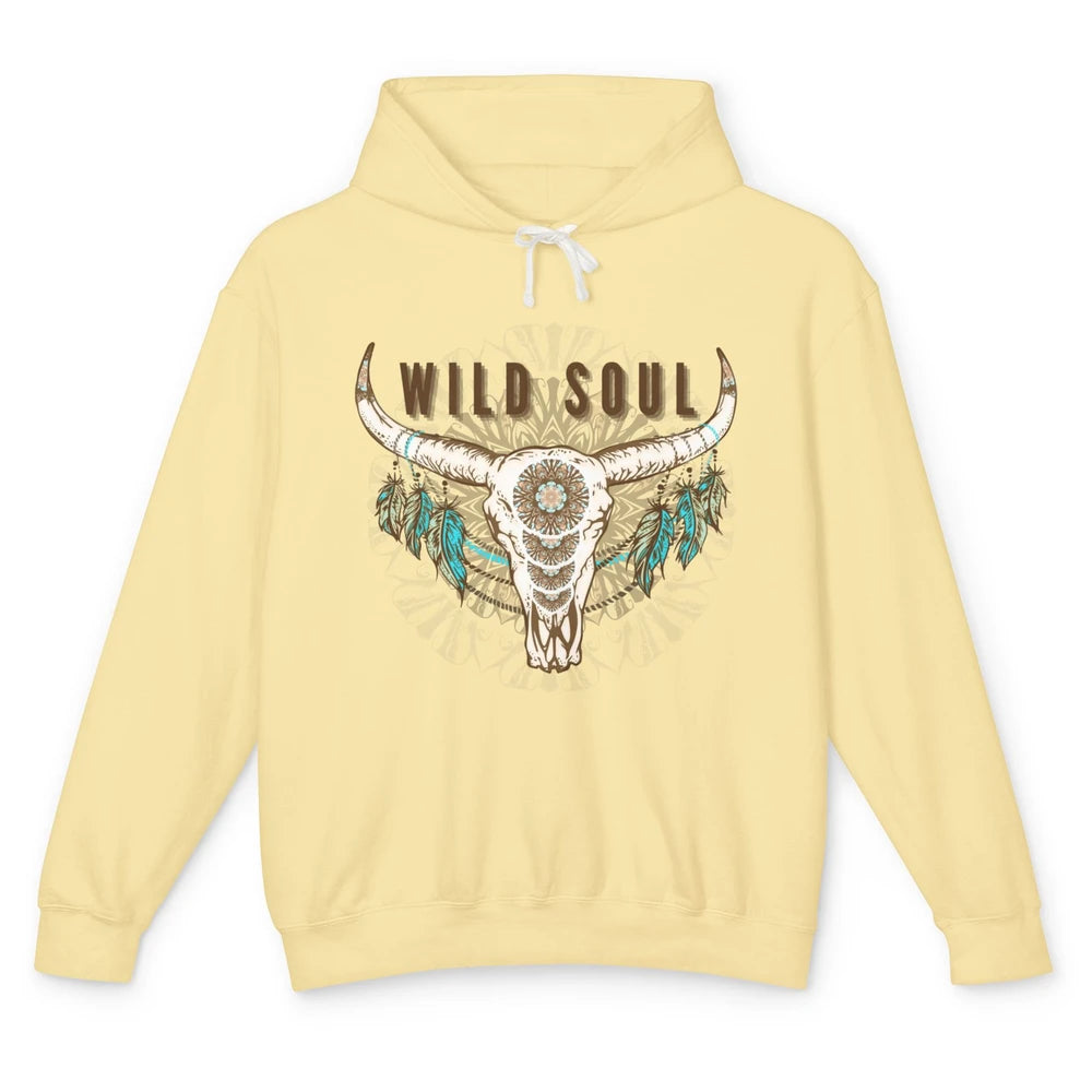 Boho Bull Skull Wild Soul Hippie Cowgirl Western Country Unisex Lightweight Hoodie