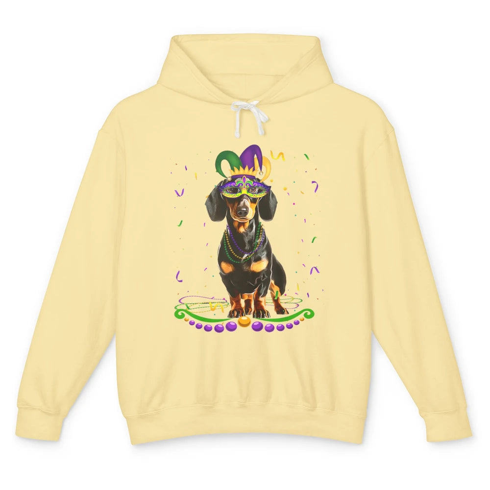 Mardi Gras Dachshund Wearing Carnival Mask Festival Dog Mom Unisex Lightweight Hoodie