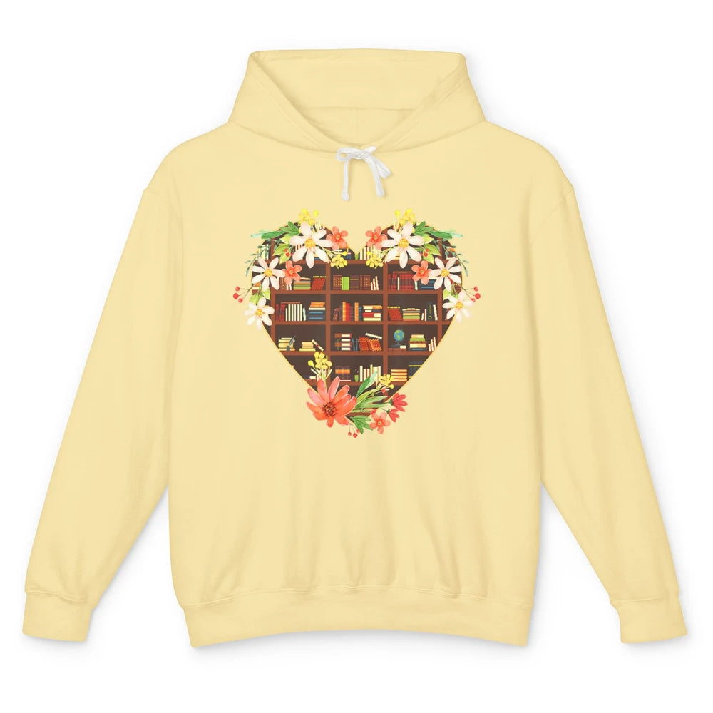 Bookshelf Heart Reading Book Floral Librarian Library Books Unisex Lightweight Hoodie