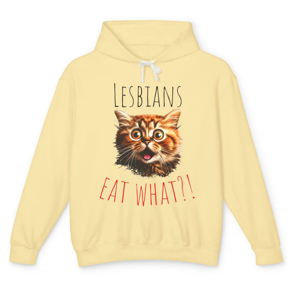 Funny Black Cat Lesbians Eat What LGBTQ Sarcastic Cat Mom Unisex Lightweight Hoodie