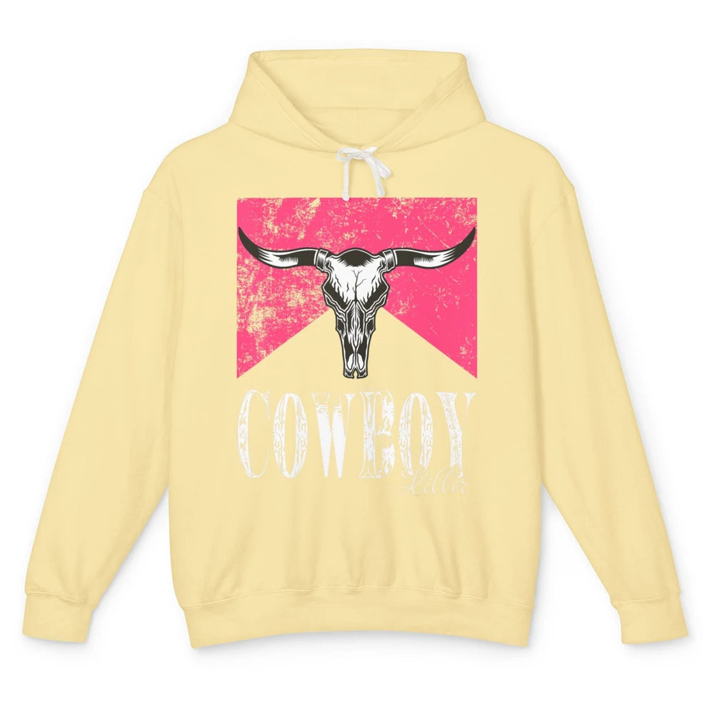 Western Cowboy Bull Skull Pink Southern Country Killer Retro Unisex Lightweight Hoodie