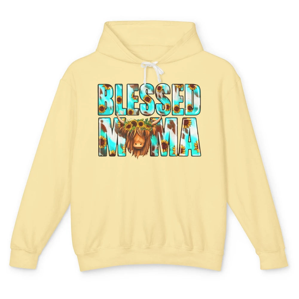 Retro Sunflower Highland Cow Blessed Mama Western Cow Mama Unisex Lightweight Hoodie