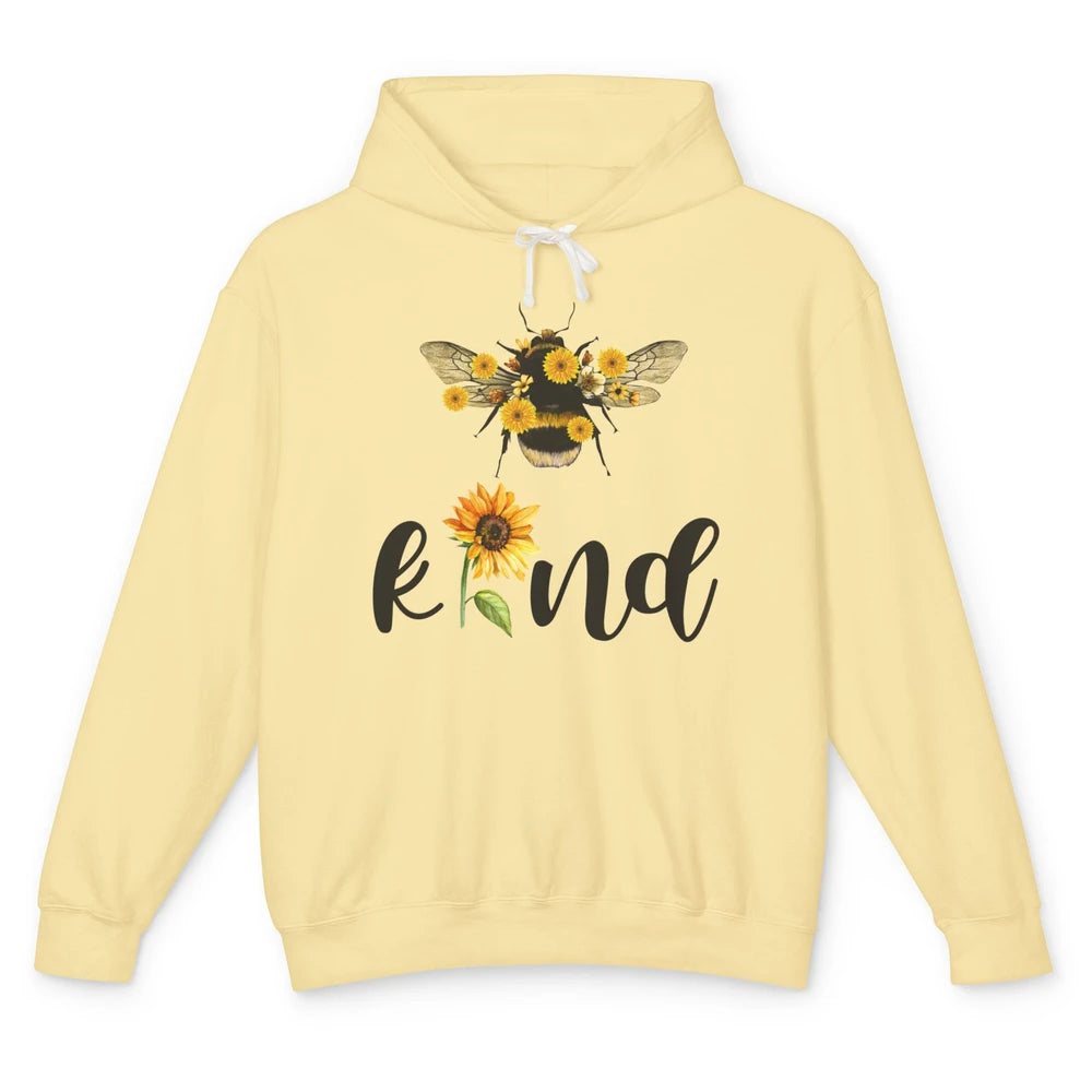 Bee Kind Be Cute Graphic Sunflower Inspirational Sayings Unisex Lightweight Hoodie