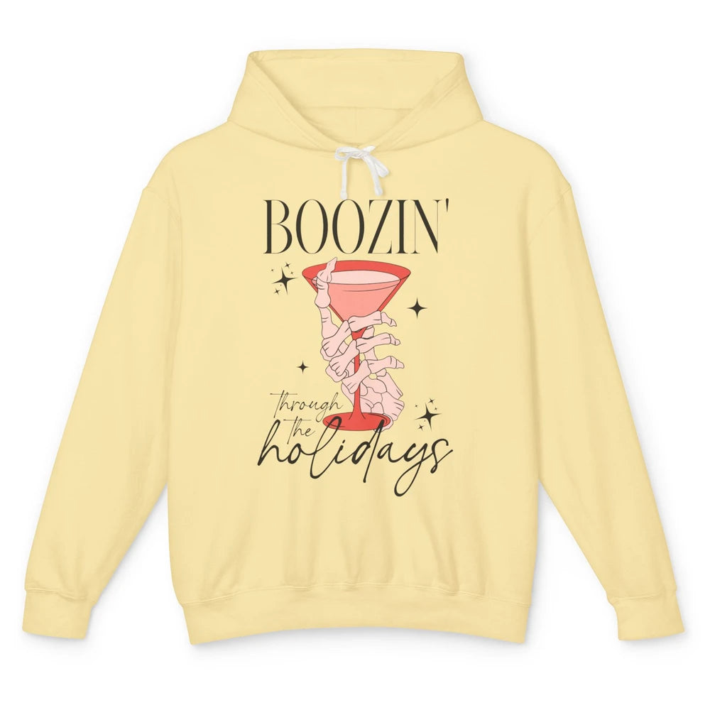 Boozin’ Through The Holidays Christmas Drinking Wine Glass Unisex Lightweight Hoodie