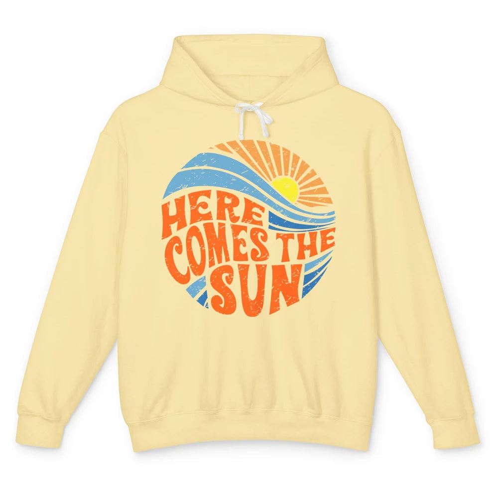 Retro Rainbow Sunrise Here Comes The Sun Hippie Girl Unisex Lightweight Hoodie