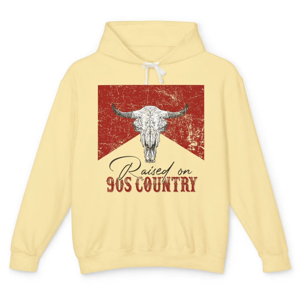 Raised On 90s Country Bull Skull Retro Western Country Rodeo Unisex Lightweight Hoodie