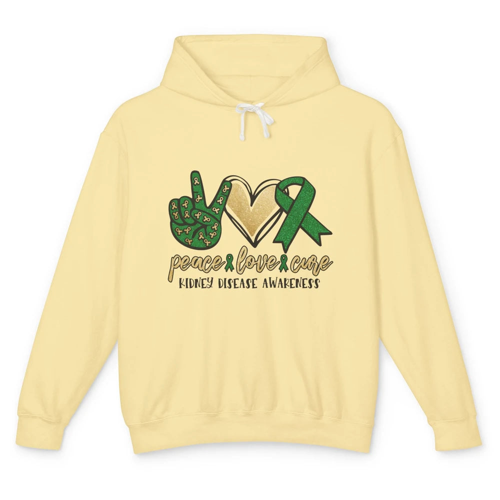 Peace Love Cure Kidney Disease Awareness Green Ribbon Heart Unisex Lightweight Hoodie