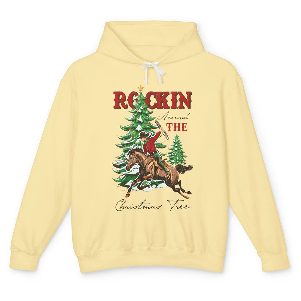 Retro Horsing Cowboy Rocking Around Christmas Tree Western Unisex Lightweight Hoodie