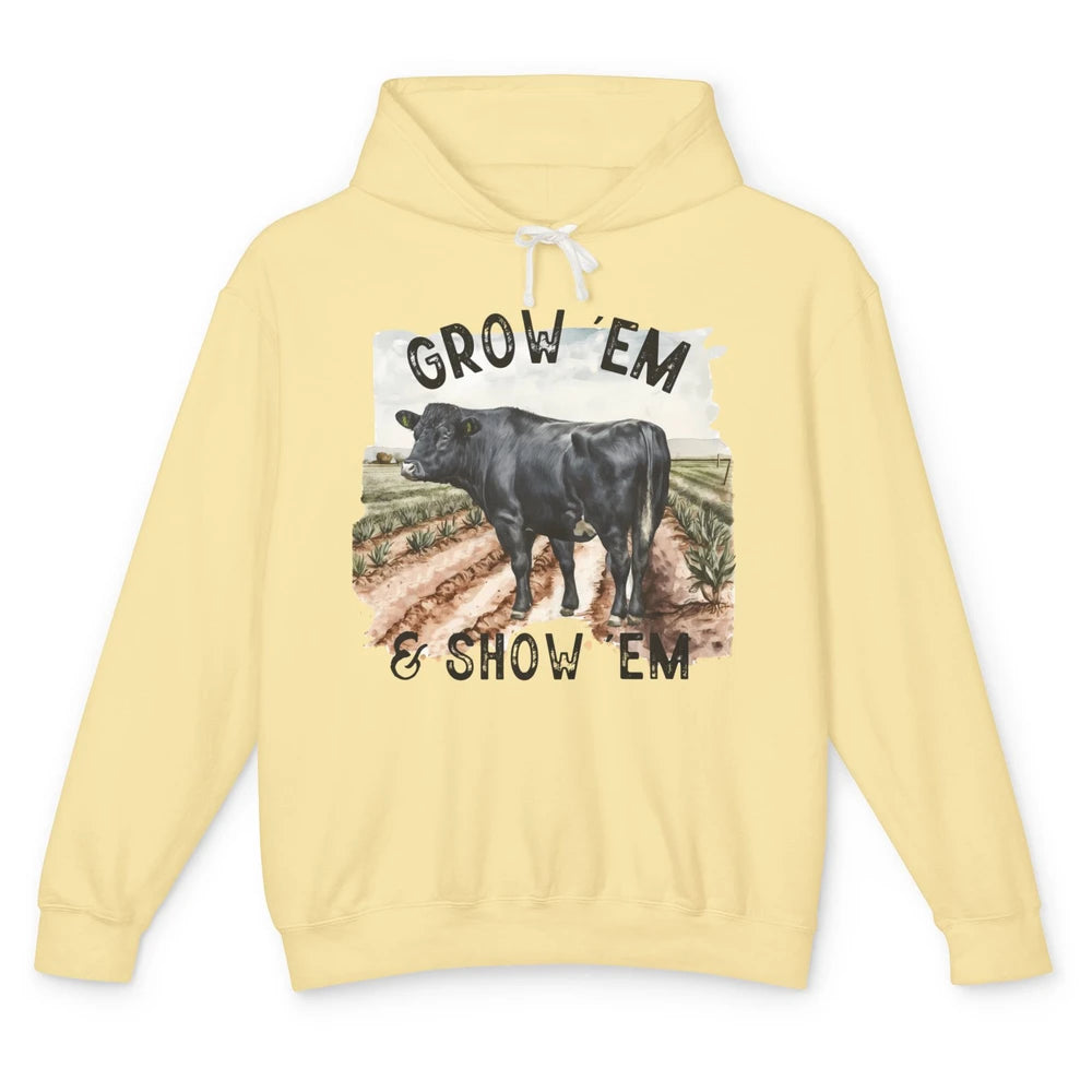 Black Cow On The Farm Grow Em Show Em Western Farm Life Unisex Lightweight Hoodie