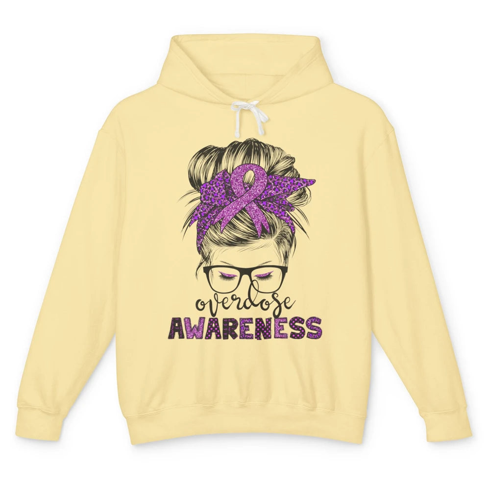 Overdose Awareness Messy Hair Bun Purple Leopard Warrior Unisex Lightweight Hoodie