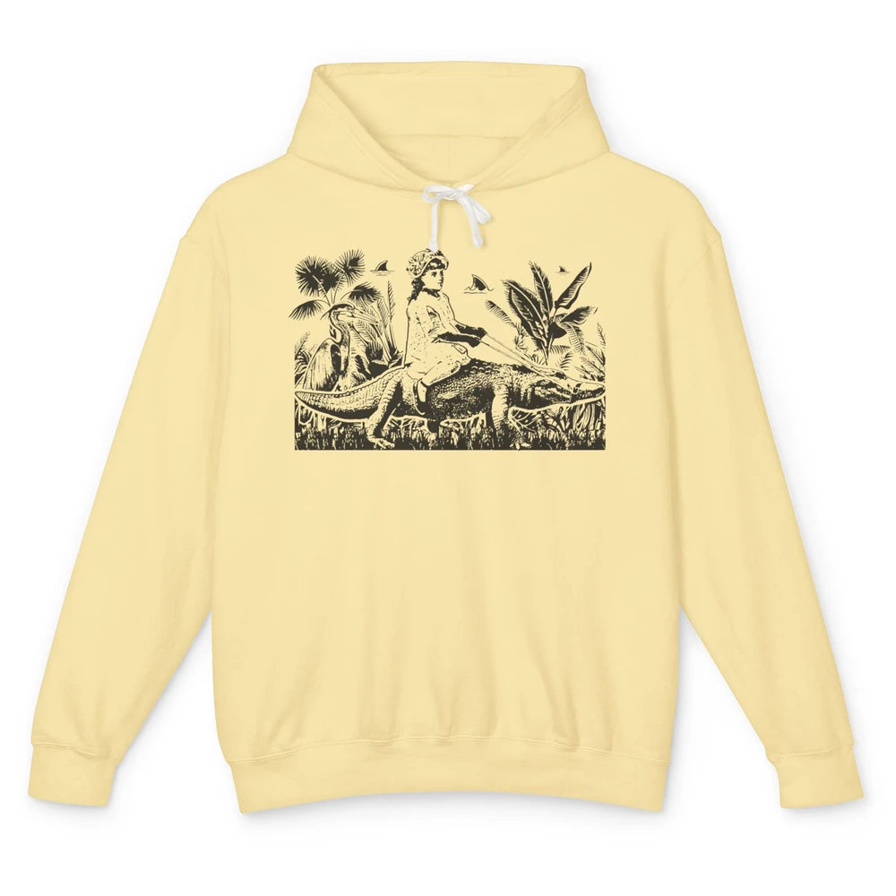 Retro Florida Tropical Land Girl Riding Alligator Summer Unisex Lightweight Hoodie