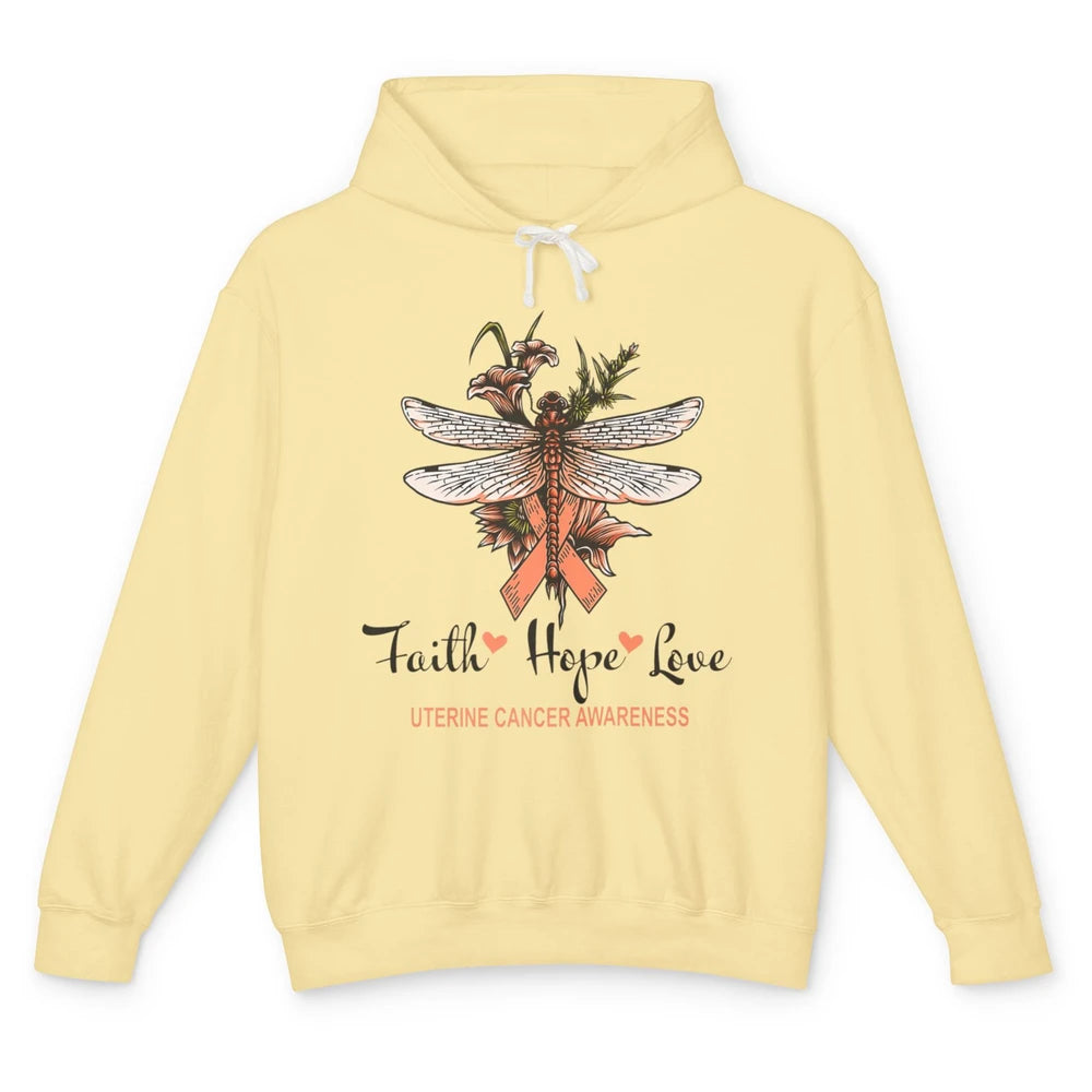 Faith Hope Love Dragonfly Peach Uterine Cancer Awareness Unisex Lightweight Hoodie