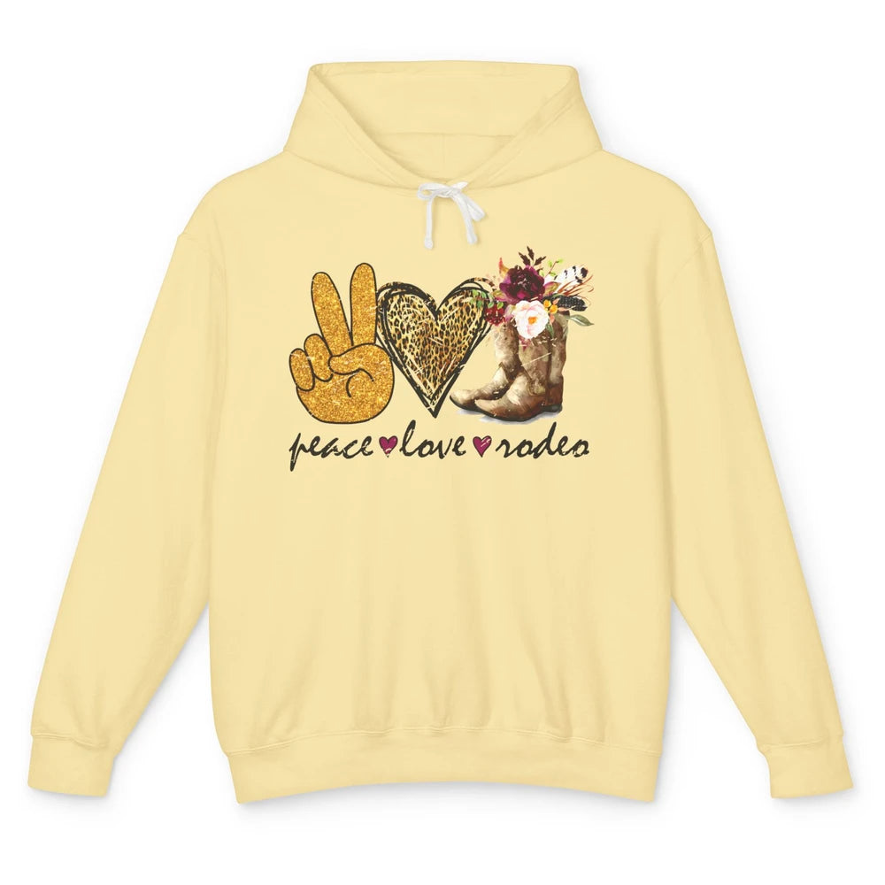 Retro Peace Love Rodeo Cowboy Boots Western Country Cowgirl Unisex Lightweight Hoodie