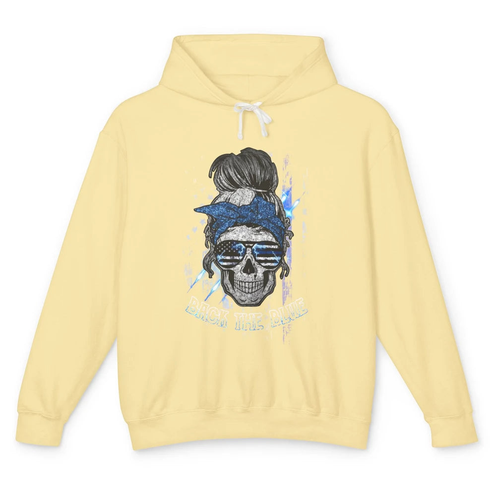 Back The Blue Police American Flag Skull Lady 4th of July Unisex Lightweight Hoodie