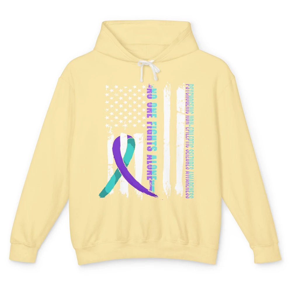 PNES Awareness Purple Teal Ribbon No One Fight Alone US Flag Unisex Lightweight Hoodie