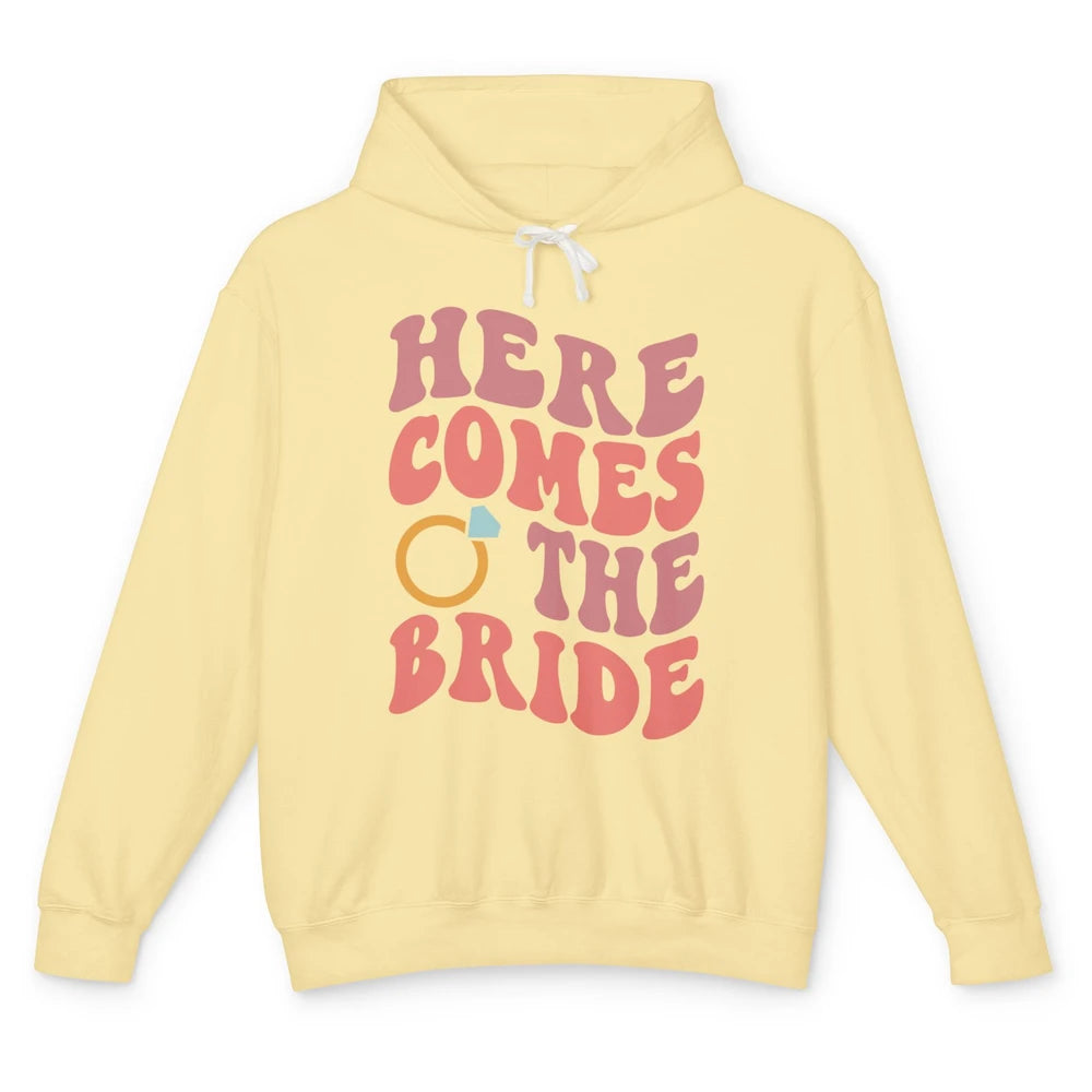 Groovy Boho Here Comes Bride Ring Engaged Mrs Bachelorette Unisex Lightweight Hoodie