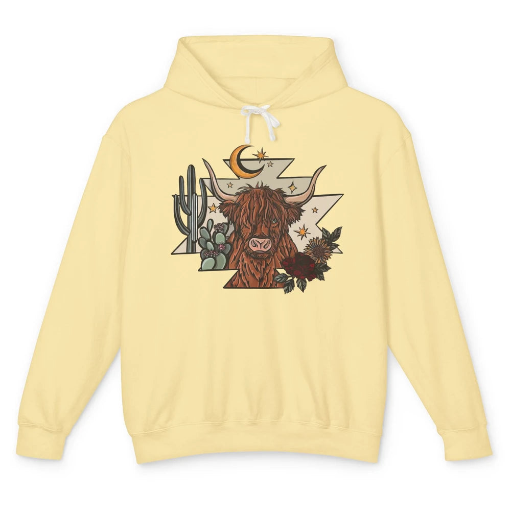 Retro Desert Cactus Highland Cow Western Country Cow Spirit Unisex Lightweight Hoodie