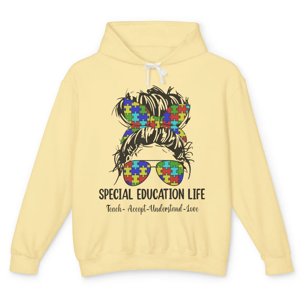 Special Education Teacher Messy Bun Autism Teach Accept Love Unisex Lightweight Hoodie