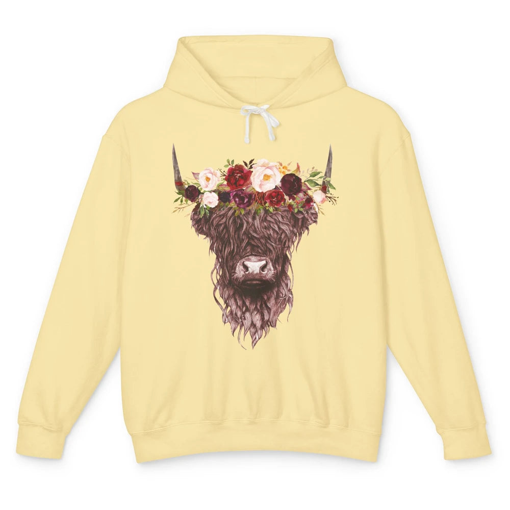 Floral Highland Cow Western Farm Animals Highland Cow Lovers Unisex Lightweight Hoodie